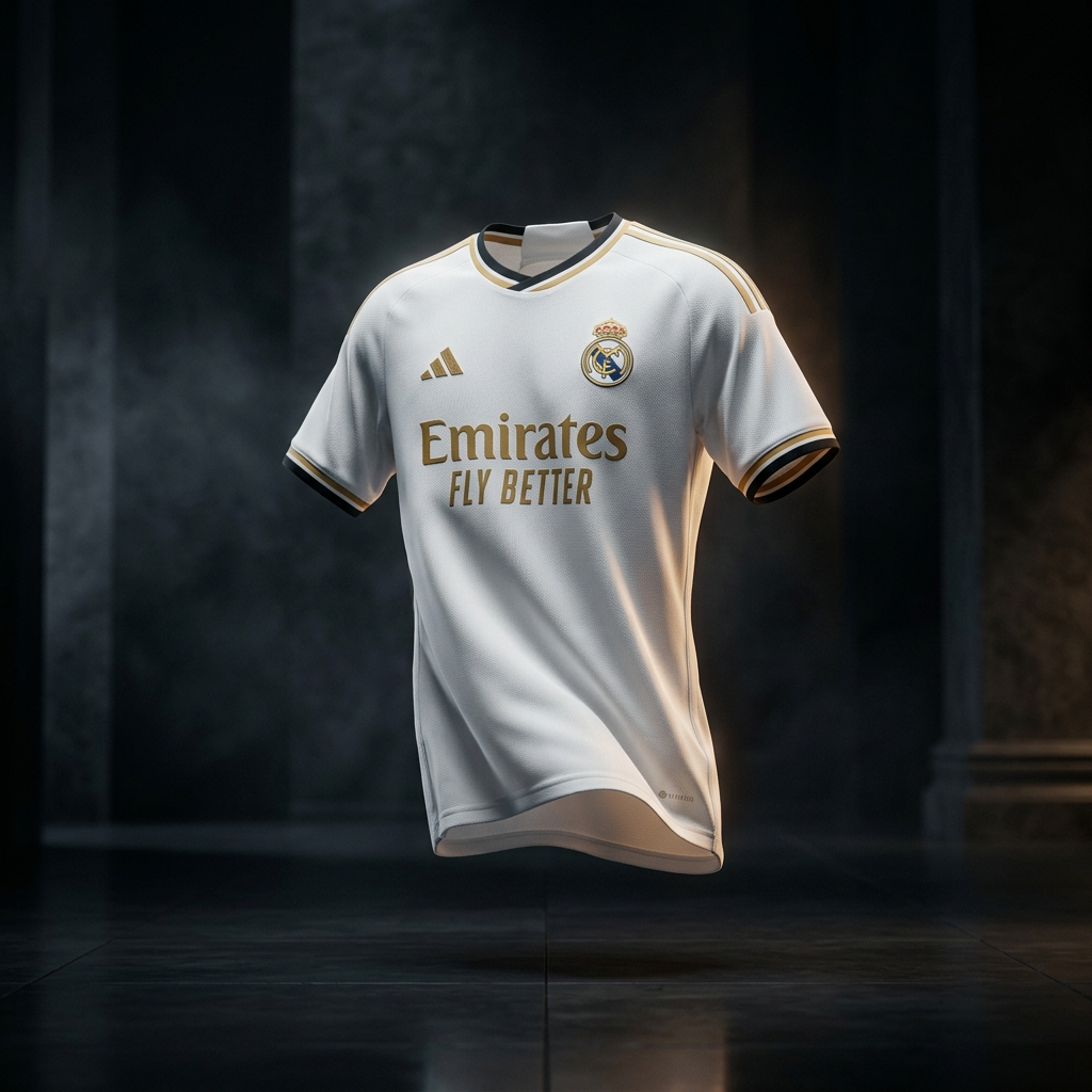 White Real Madrid football jersey presented in a dark editorial setting